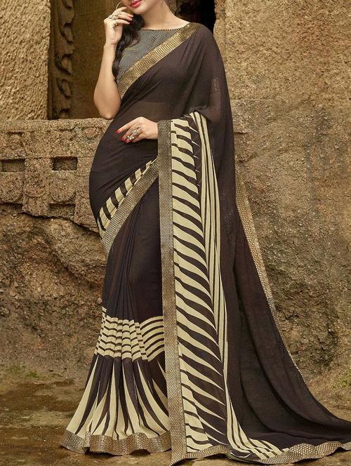 brown georgette printed saree with blouse - 14519354 - Very Small Image - 1