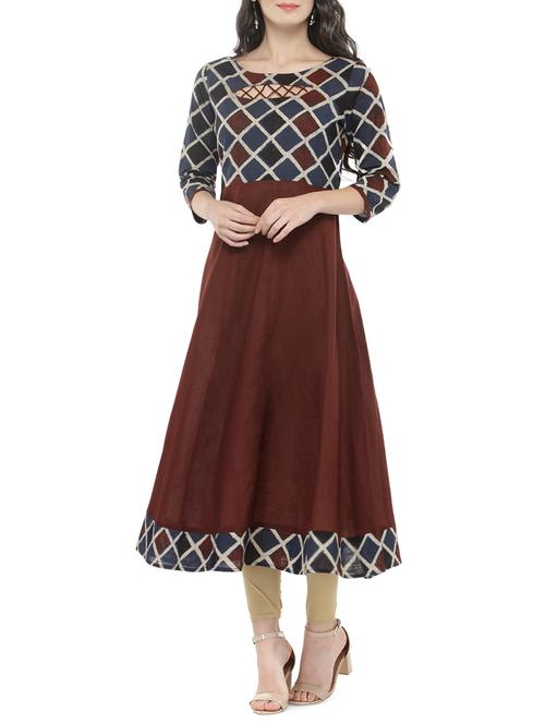 brown cotton anarkali kurta - 14521485 - Standard Image - 1