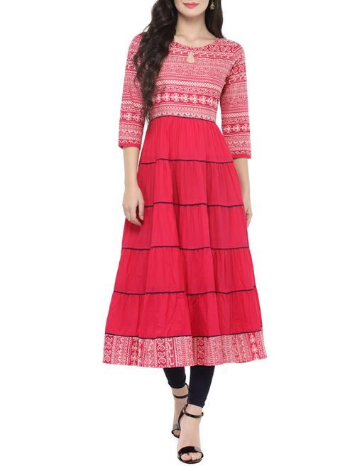 pink cotton tiered kurta - 14521493 - Very Small Image - 1