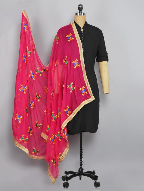 pink nylon phulkari dupatta - 14521563 - Very Small Image - 1