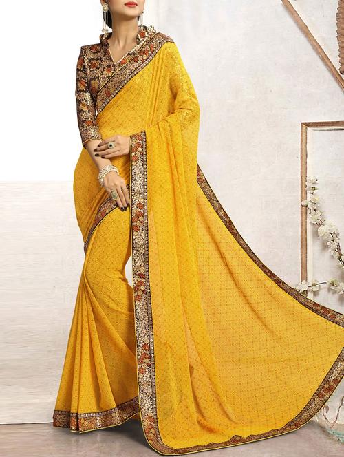 yellow georgette printed saree with blouse - 14521682 - Very Small Image - 1