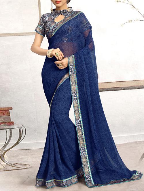 blue georgette printed saree with blouse - 14521683 - Very Small Image - 1