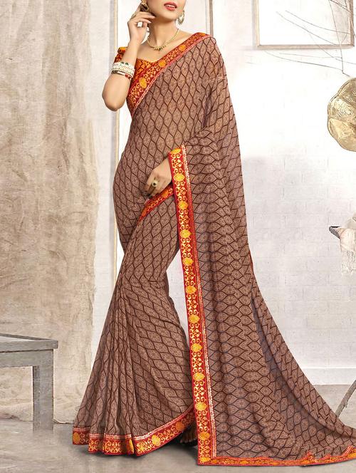 brown georgette printed saree with blouse - 14521688 - Very Small Image - 1