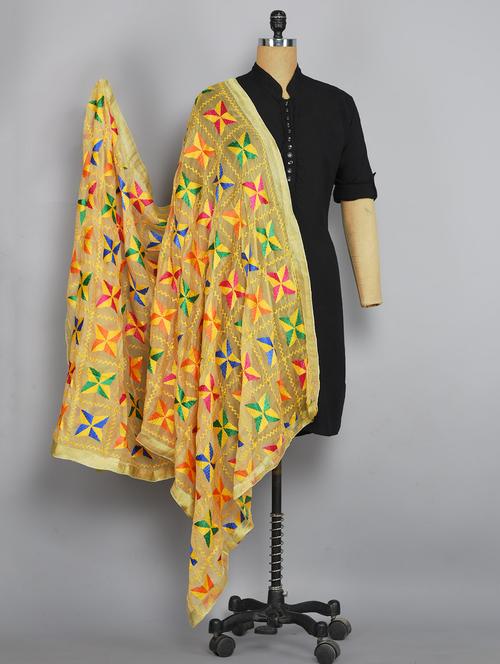 beige nylon phulkari dupatta - 14521691 - Standard Image - 1