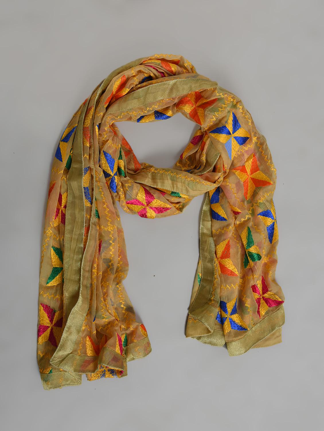 beige nylon phulkari dupatta - 14521691 - Zoom Image - 2