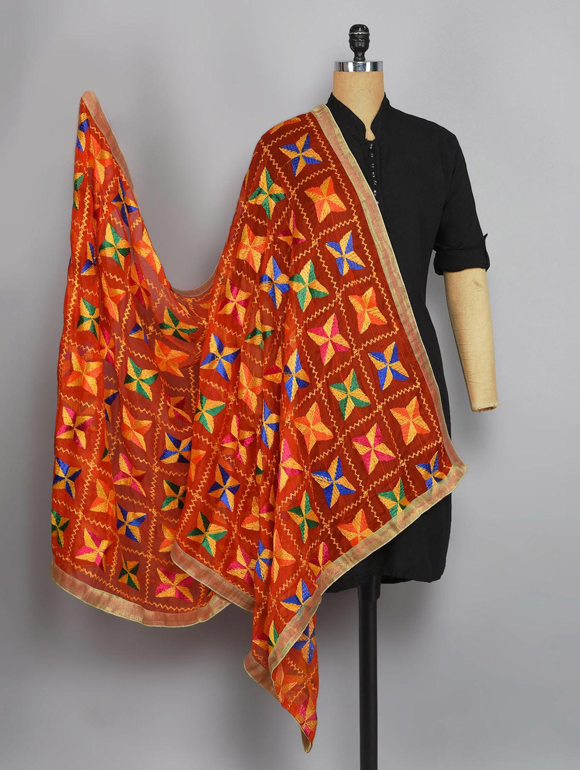orange nylon phulkari dupatta - 14521693 - Zoom Image - 1