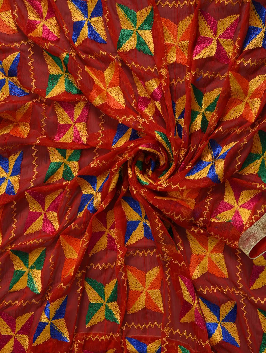red nylon phulkari dupatta - 14521695 - Zoom Image - 3