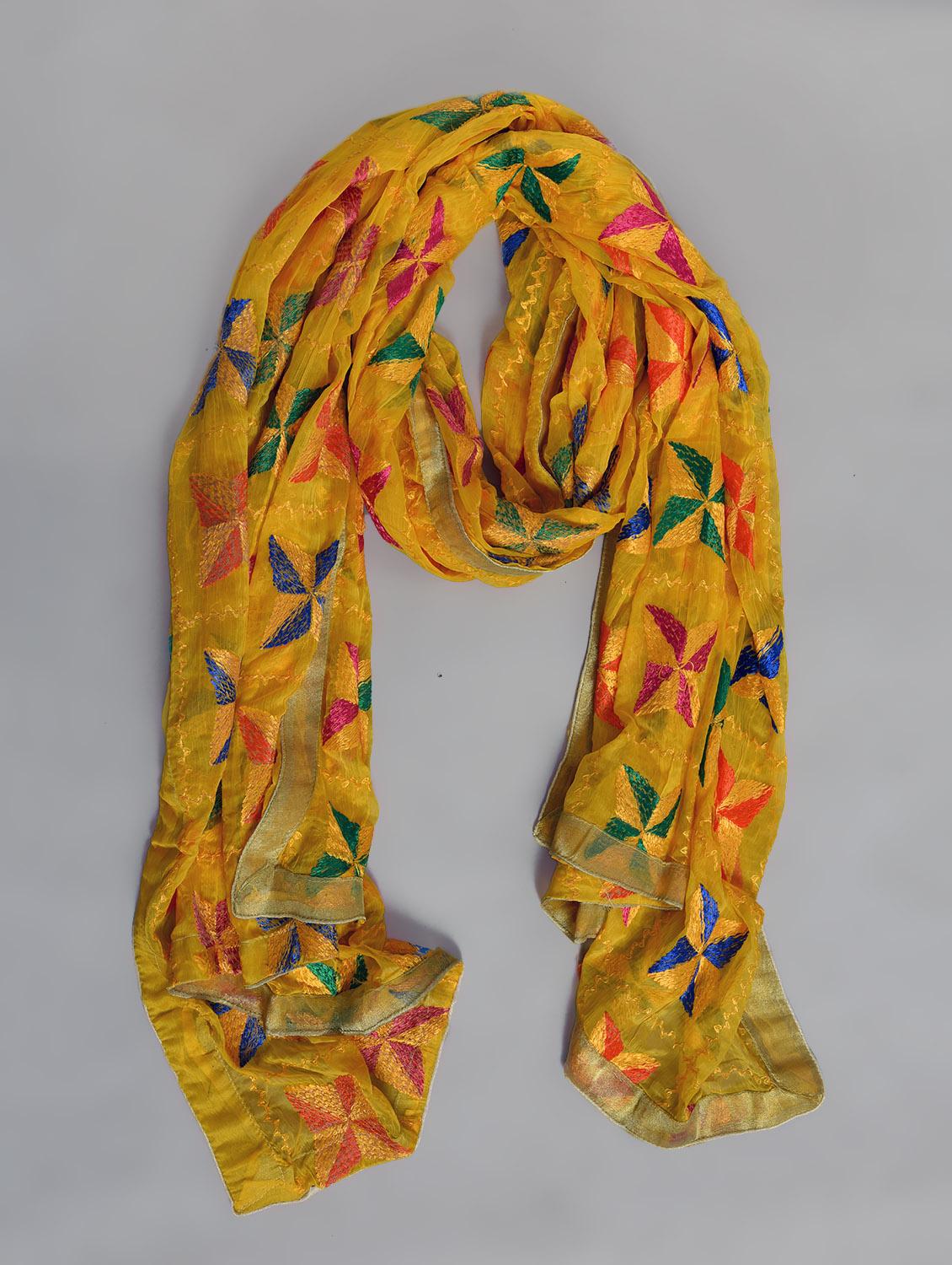 yellow nylon phulkari dupatta - 14521697 - Zoom Image - 2