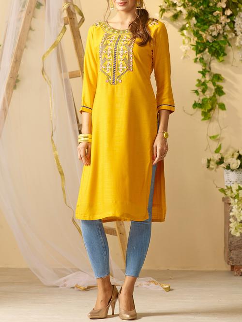 yellow rayon straight kurta - 14522730 - Very Small Image - 1