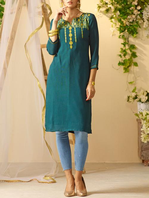 green rayon straight kurta - 14522731 - Very Small Image - 1