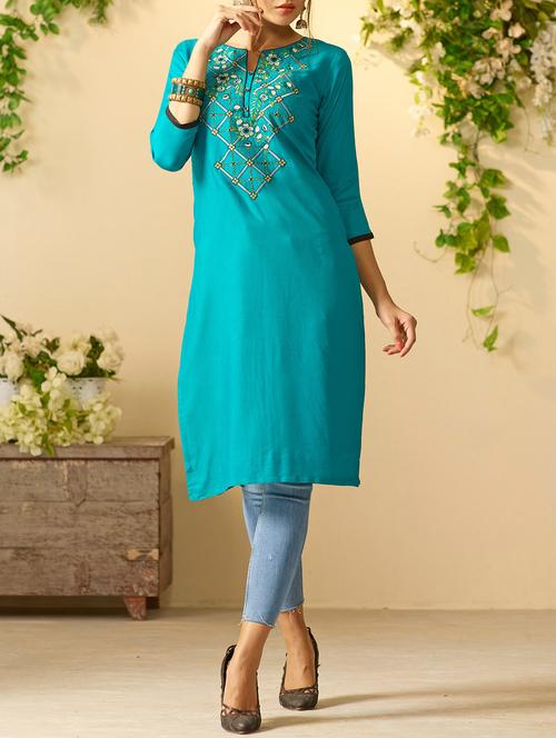 blue rayon straight kurta - 14522738 - Standard Image - 1