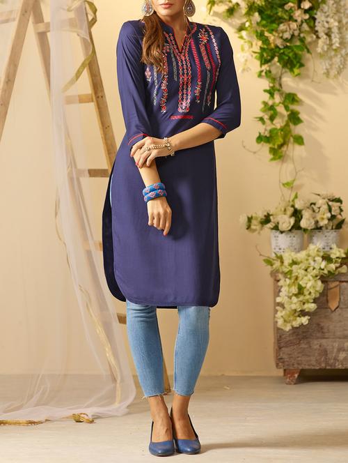 blue rayon straight kurta - 14522741 - Very Small Image - 1