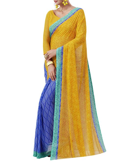 yellow chiffon printed saree with blouse - 14526616 - Very Small Image - 1