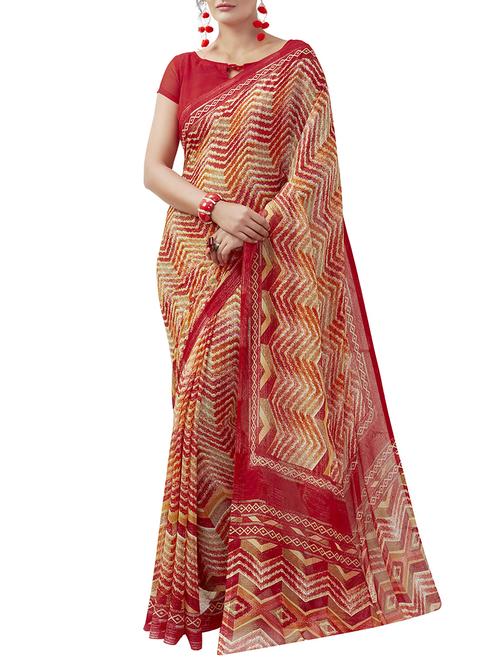 red chiffon printed saree with blouse - 14526617 - Very Small Image - 1