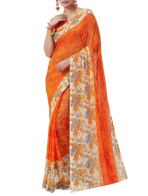 orange chiffon printed saree with blouse - 14526618 - Very Small Image - 1
