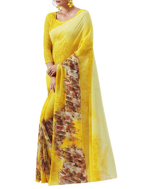 yellow chiffon printed saree with blouse - 14526620 - Very Small Image - 1