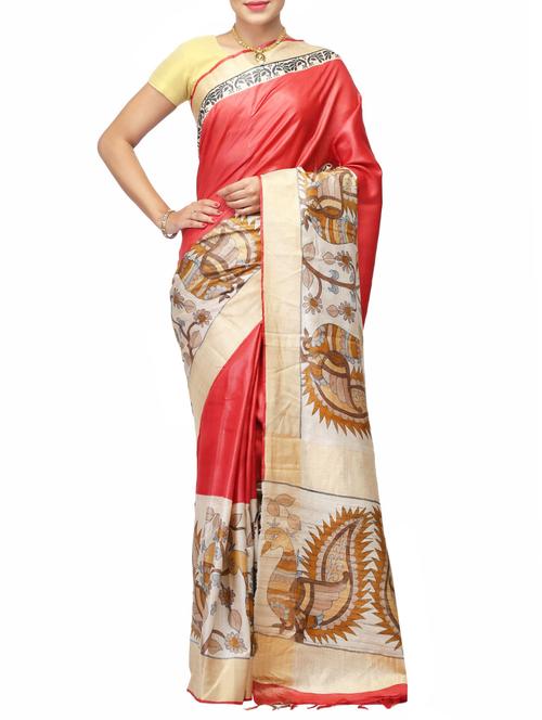 red Tussar saree - 14526710 - Very Small Image - 1