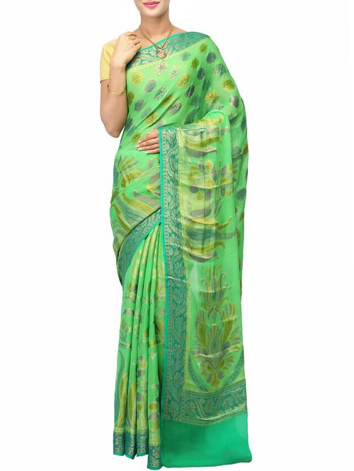 green faux georgette handloom saree - 14526735 - Very Small Image - 1