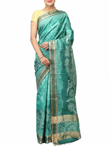 turquoise tussar silk woven saree with blouse - 14526758 - Very Small Image - 1