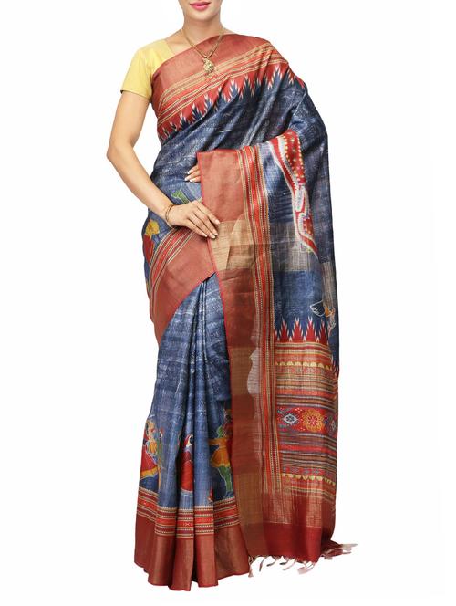 blue tussar silk handloom saree - 14526759 - Very Small Image - 1