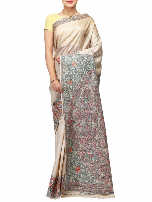 beige tussar silk woven saree with blouse - 14526762 - Very Small Image - 1