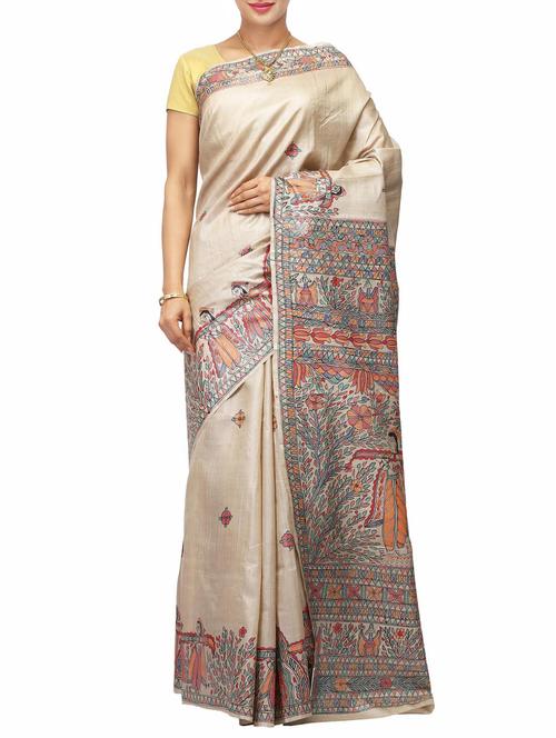 beige tussar silk handloom saree - 14526763 - Very Small Image - 1