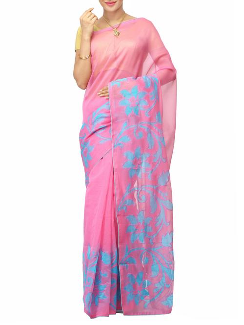 pink net handloom saree - 14526770 - Very Small Image - 1