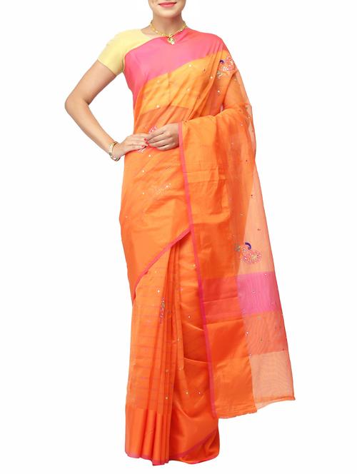 orange net handloom saree - 14526776 - Very Small Image - 1