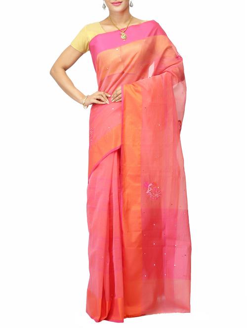 peach net woven saree with blouse - 14526777 - Very Small Image - 1