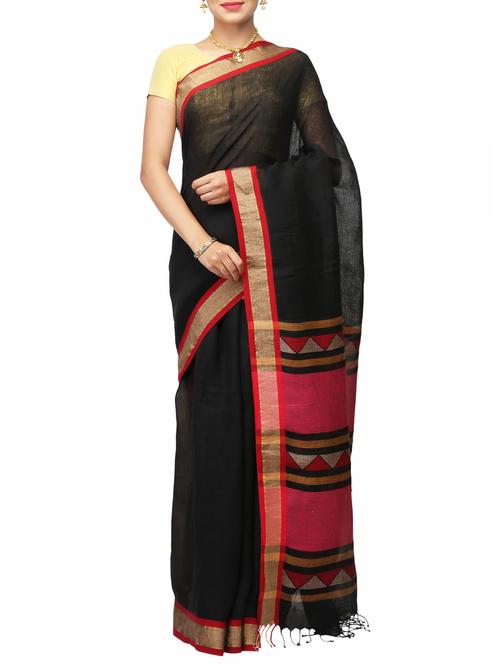 black linen woven saree with blouse - 14526800 - Very Small Image - 1
