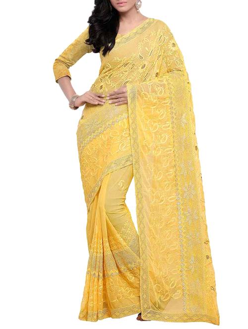 yellow chiffon embroidered saree with blouse - 14527235 - Very Small Image - 1