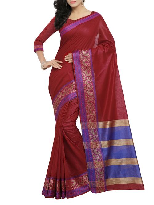 maroon cotton bordered saree with blouse - 14527238 - Standard Image - 1