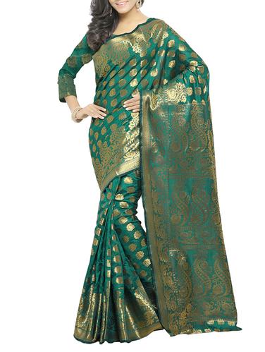 green art silk banarasi saree with blouse - 14527242 - Very Small Image - 1