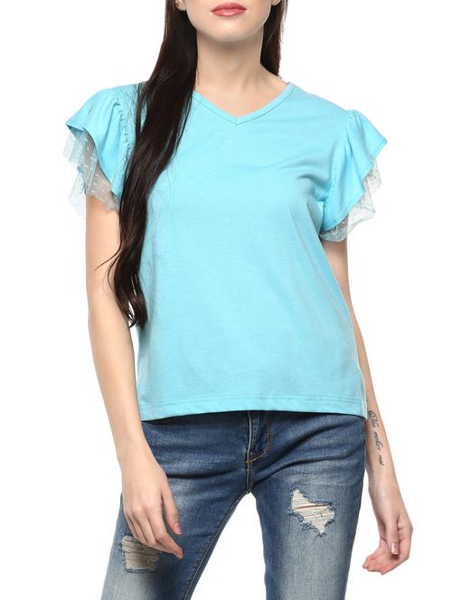 ruffled mesh sleeve solid top - 14527305 - Standard Image - 1
