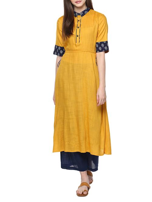 mustard viscose flared kurta - 14527331 - Standard Image - 1