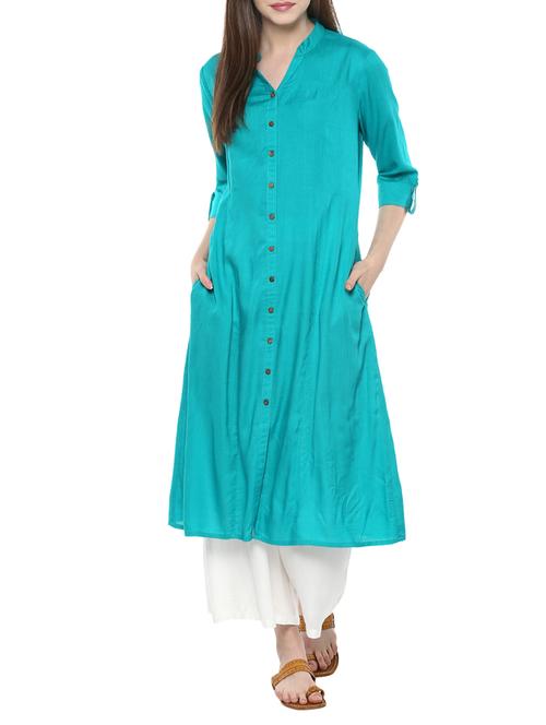 turquoise viscose aline kurta - 14527332 - Standard Image - 1
