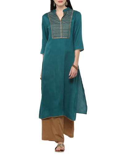 green viscose straight kurta - 14527344 - Very Small Image - 1