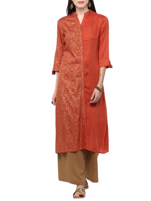 orange viscose straight kurta - 14527355 - Standard Image - 1