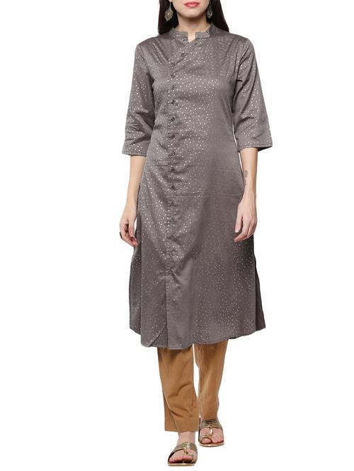 grey cotton straight kurta - 14527365 - Standard Image - 1