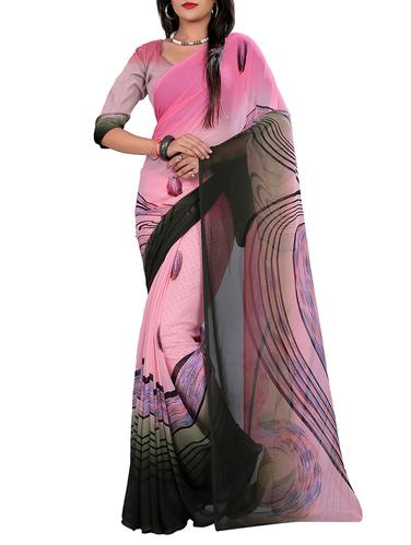 pink georgette printed saree with blouse - 14527372 - Very Small Image - 1