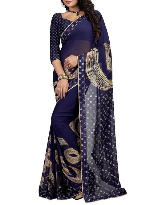 blue georgette printed saree with blouse - 14527374 - Very Small Image - 1