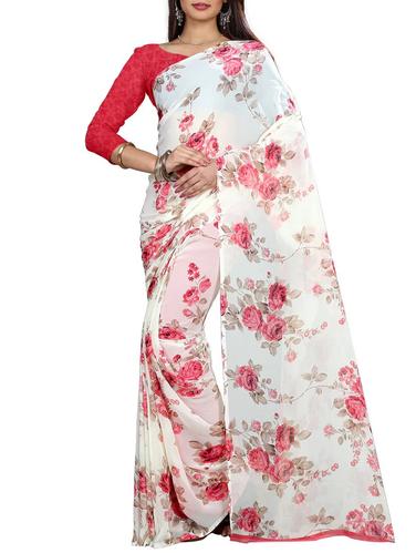 white georgette printed saree with blouse - 14527382 - Very Small Image - 1