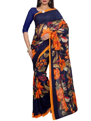 blue georgette printed saree with blouse - 14527384 - Very Small Image - 1