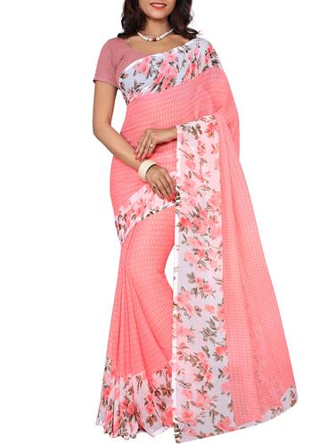 pink georgette printed saree with blouse - 14527387 - Very Small Image - 1