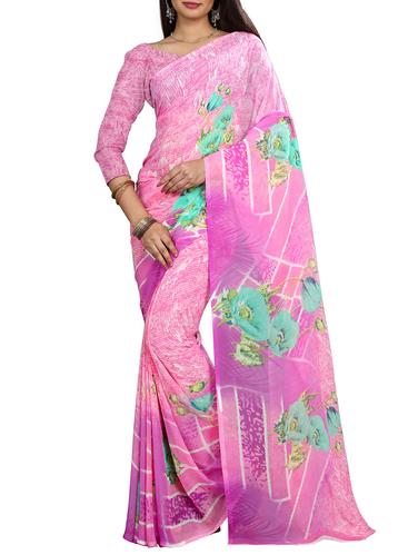 pink georgette printed saree with blouse - 14527393 - Very Small Image - 1