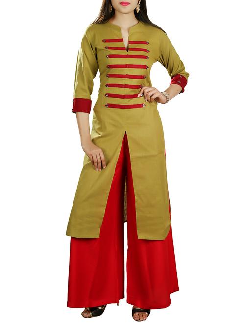 mehandi cotton straight kurta - 14527444 - Standard Image - 1