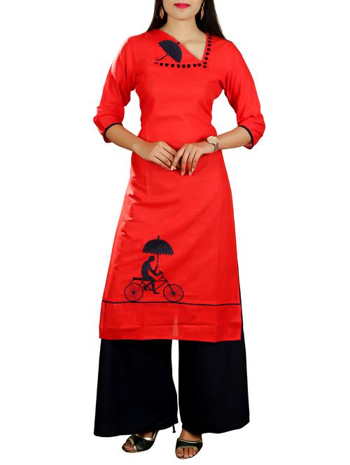 red cotton straight kurta - 14527448 - Standard Image - 1