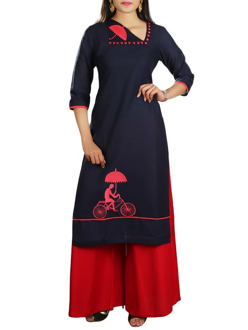 blue cotton straight kurta - 14527449 - Standard Image - 1