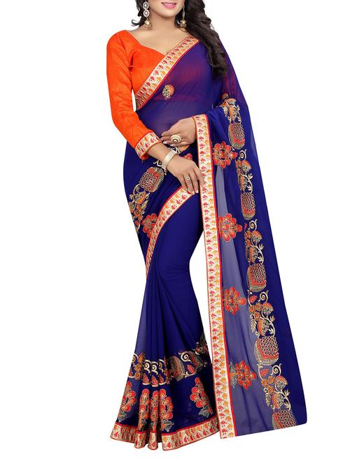 blue georgette embroidered saree with blouse - 14527911 - Standard Image - 1