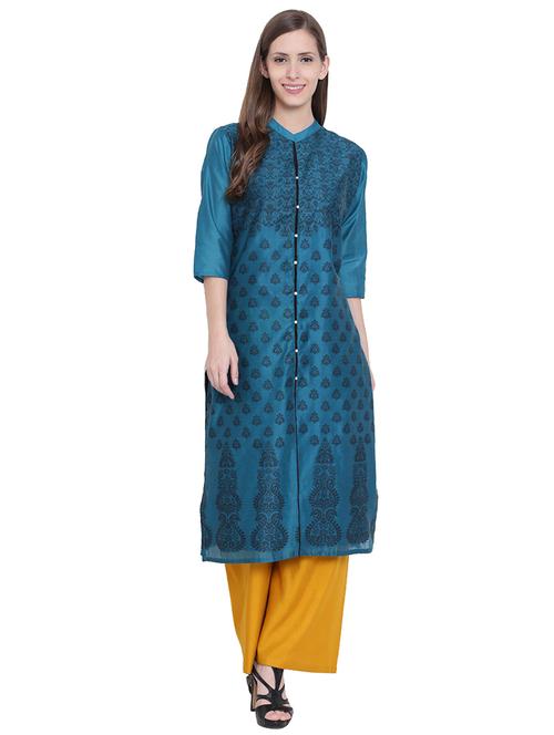 blue chanderi straight kurta - 14528303 - Very Small Image - 1
